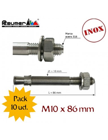 Pack 10 tornillo expansión Inox. M10 x 86mm - Raumer