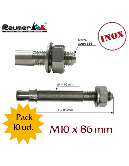 Pack 10 tornillo expansión Inox. M10 x 86mm - Raumer