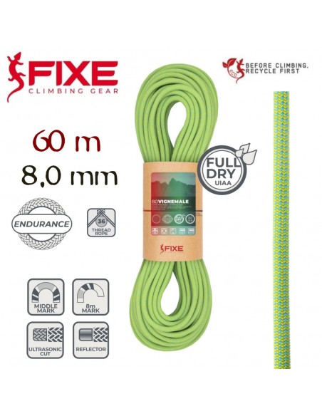 Vignemale 8mm Full Dry 60m endurance (Green) - cuerda para escalada en hielo y alpinismo - Fixe